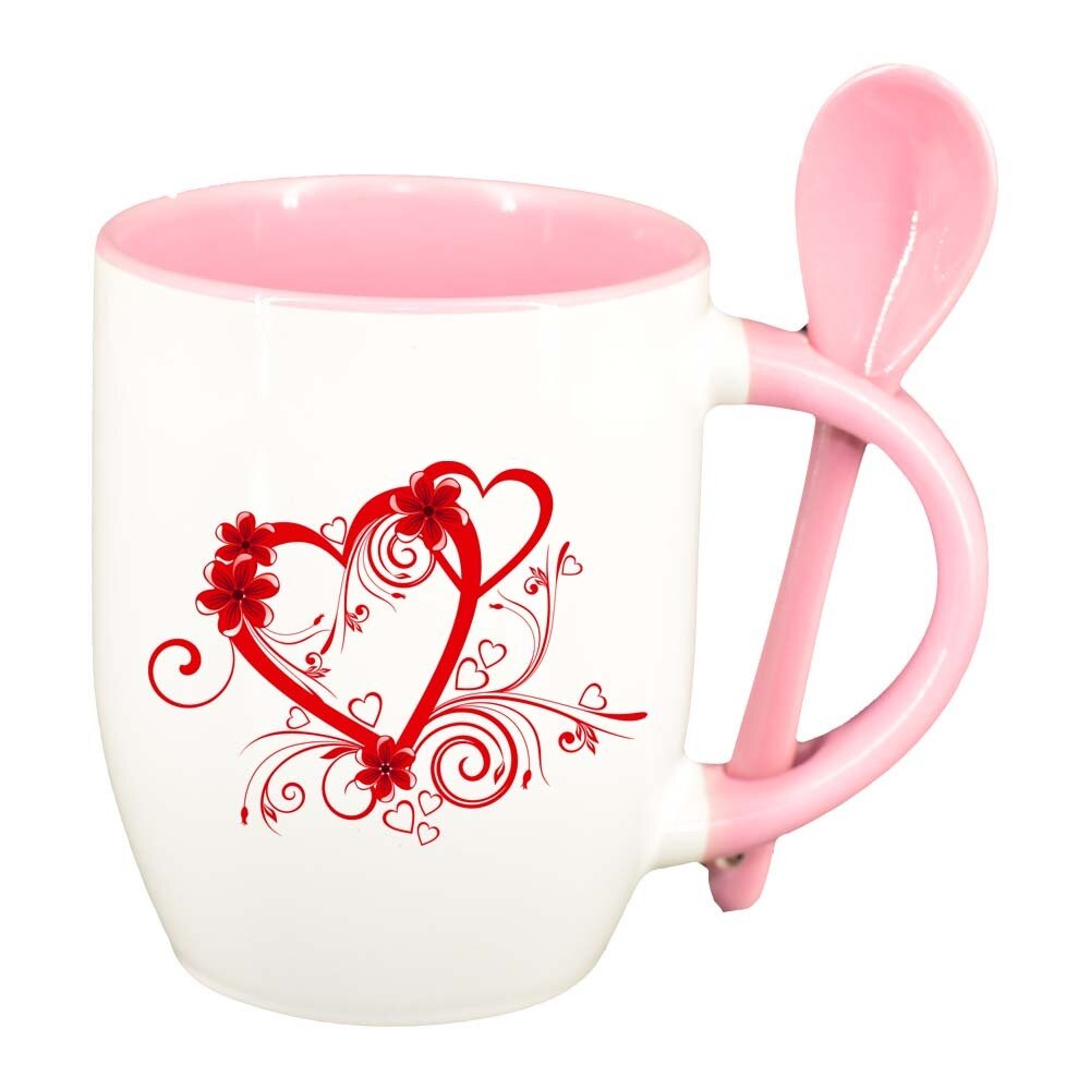 Cana Love cu lingurita, interior roz, 330ml, D307