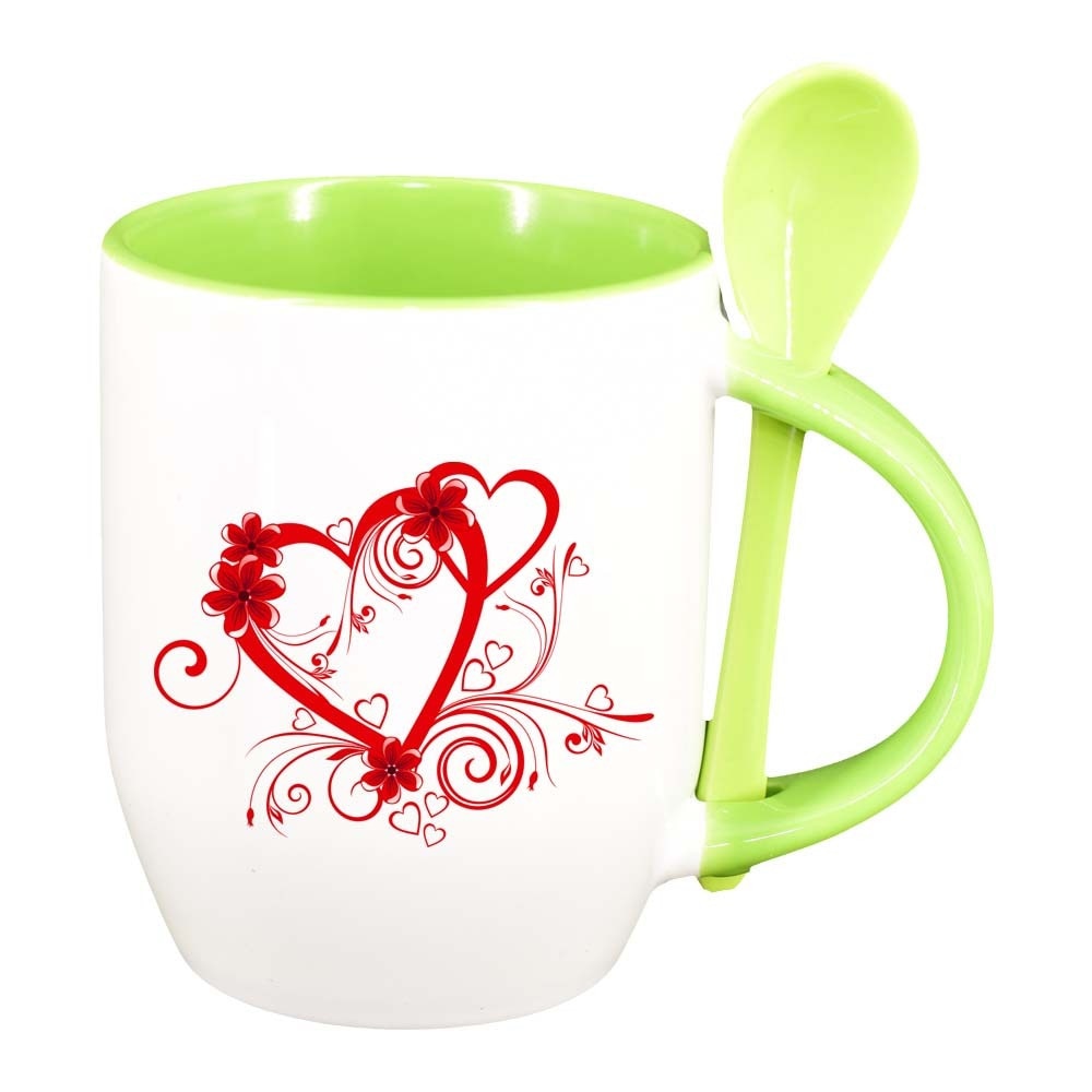 Cana Love cu lingurita, interior verde deschis, 330ml, D307