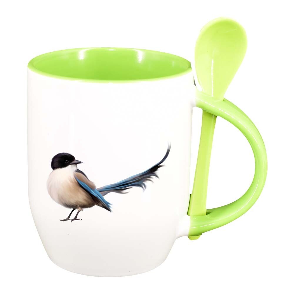 Cana Bird cu lingurita, interior verde deschis, 330ml, D309