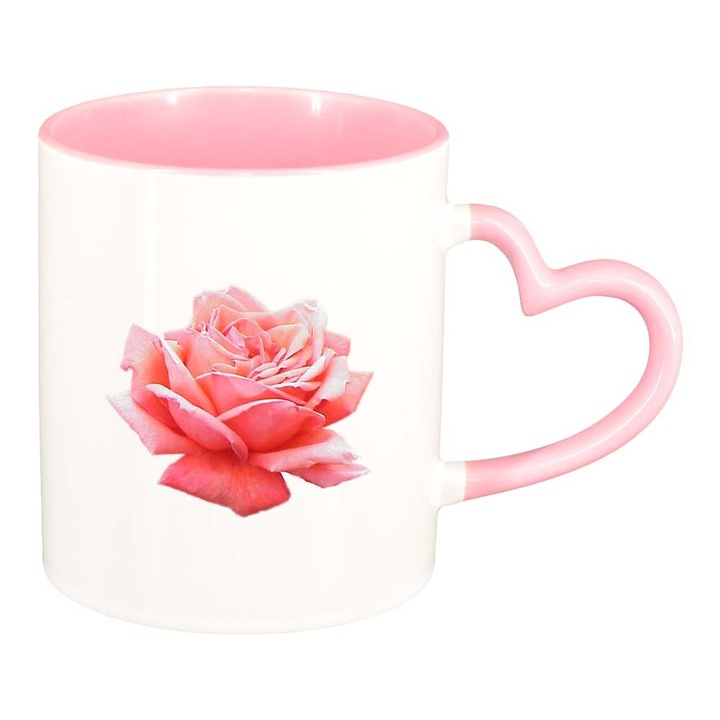 Чаша роза, розов интериор, дръжка сърце, 330 мл, D312