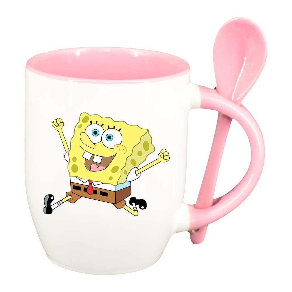 Cana Sponge Bob cu lingurita, interior roz, 330ml, D320