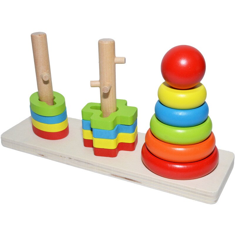 Jucarie educativa pentru bebe din lemn , RAINBOW THREE cu cercuri si forme , Robentoys