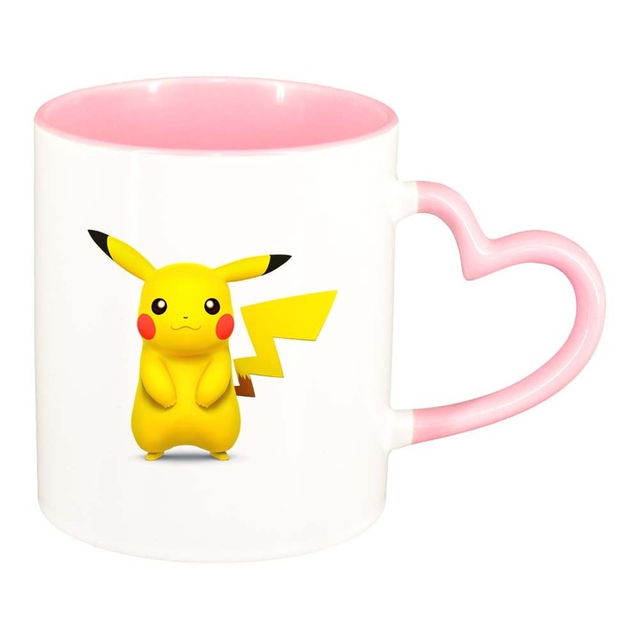 Cana Pikachu, interior roz, maner inima, 330ml, D319