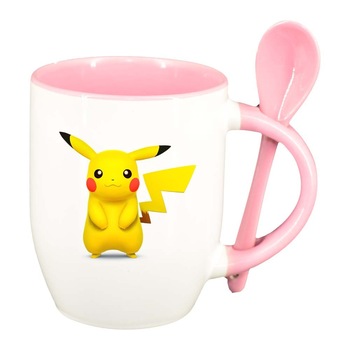 Cana Pikachu cu lingurita, interior roz, 330ml, D319 Cana Pikachu cu lingurita, interior roz, 330ml, D319