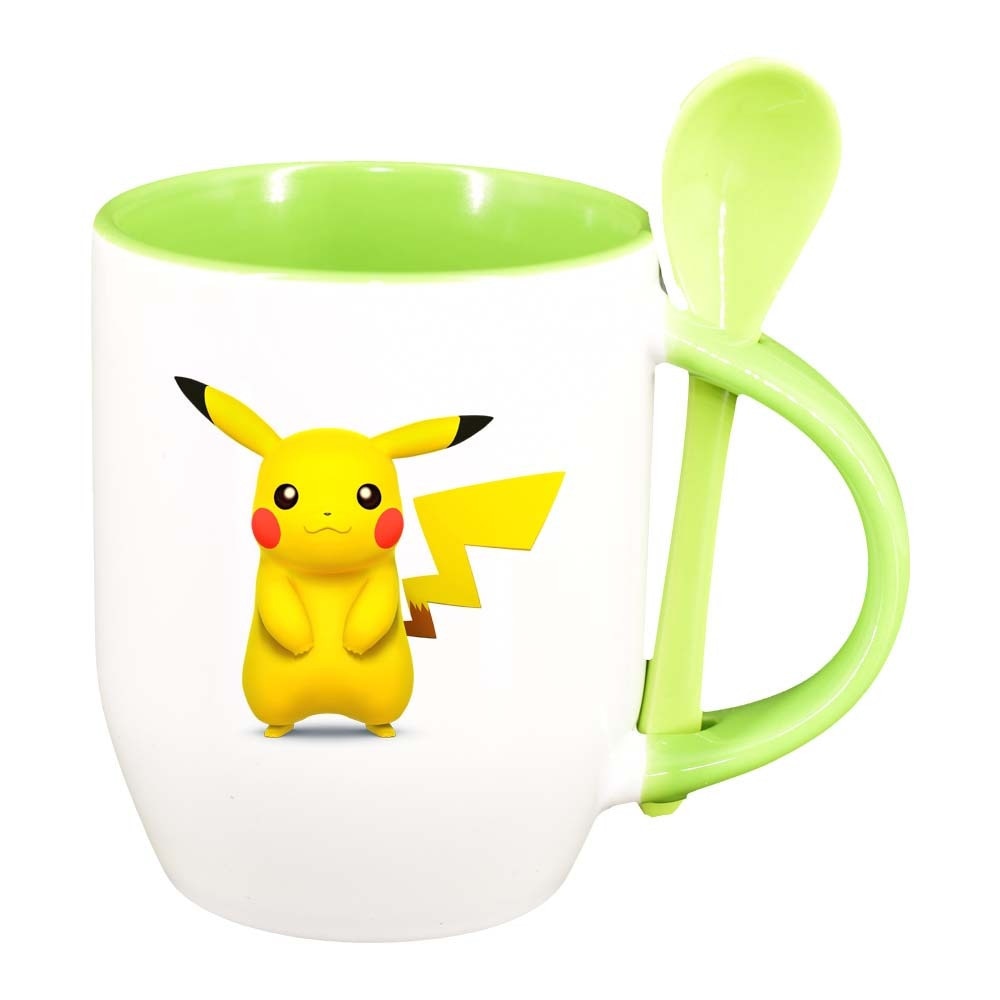 Cana Pikachu cu lingurita, interior verde deschis, 330ml, D319