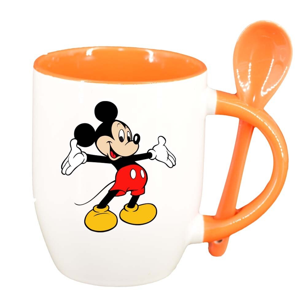 Cana Mickey Mouse cu lingurita, interior portocaliu, 330ml, D316