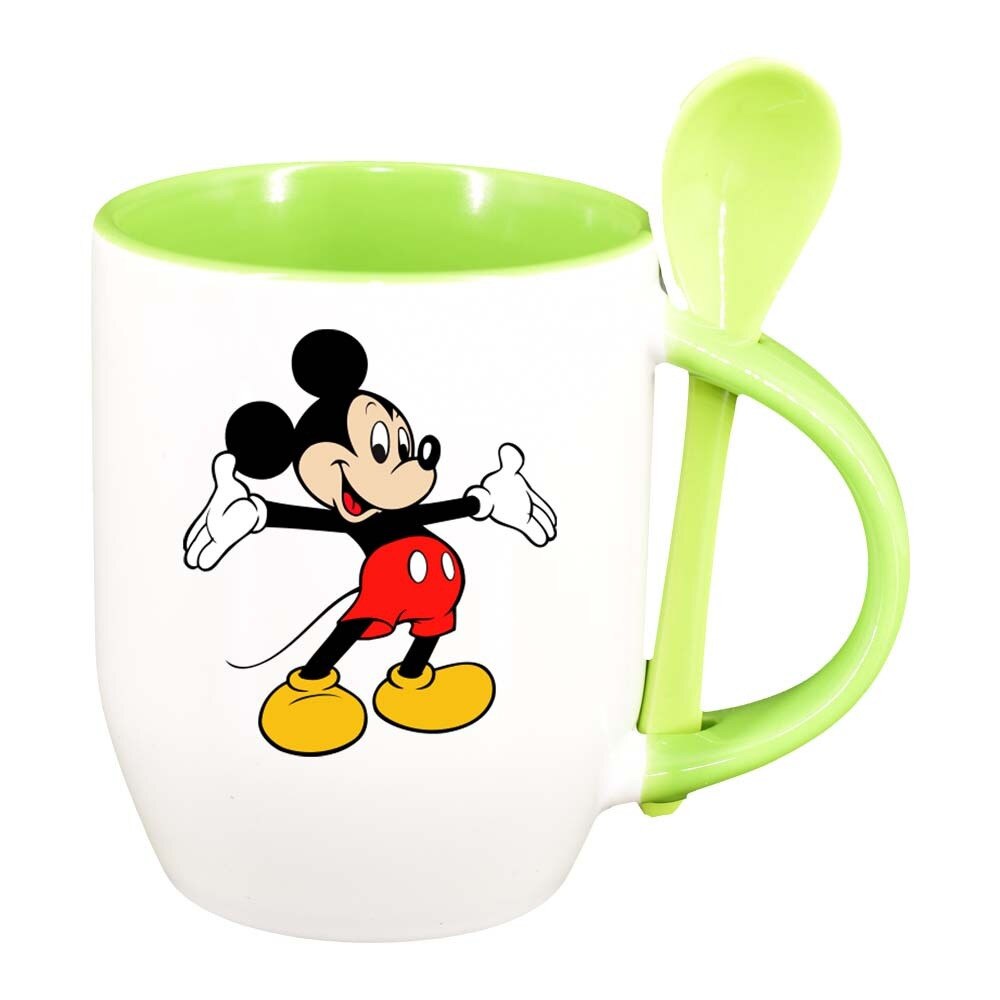 Cana Mickey Mouse cu lingurita, interior verde deschis, 330ml, D316