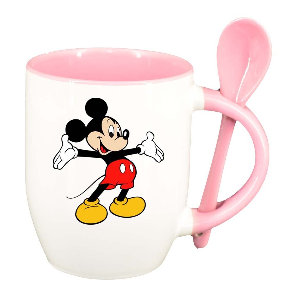 Cana Mickey Mouse cu lingurita, interior roz, 330ml, D316