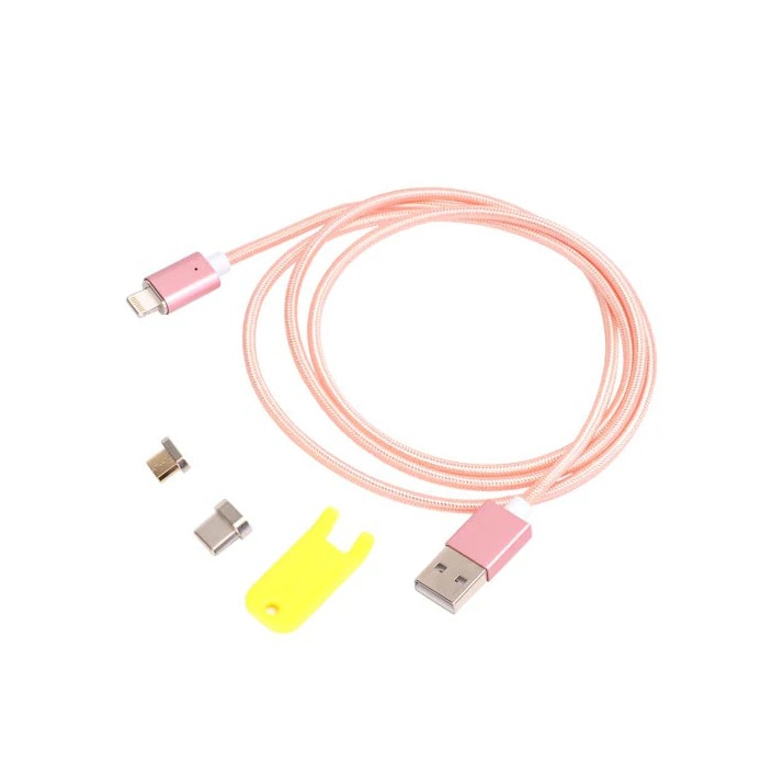 Cablu de date / Incarcare Magnetic, 3in1 - microUSB, Apple, USB Tip C, Roz