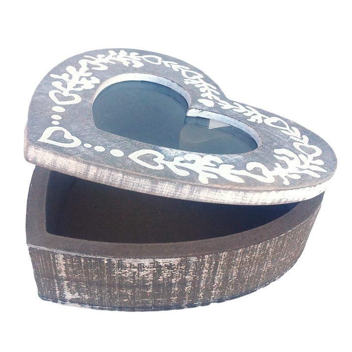 OEM Szív alakú fadoboz, 15 cm, szürke