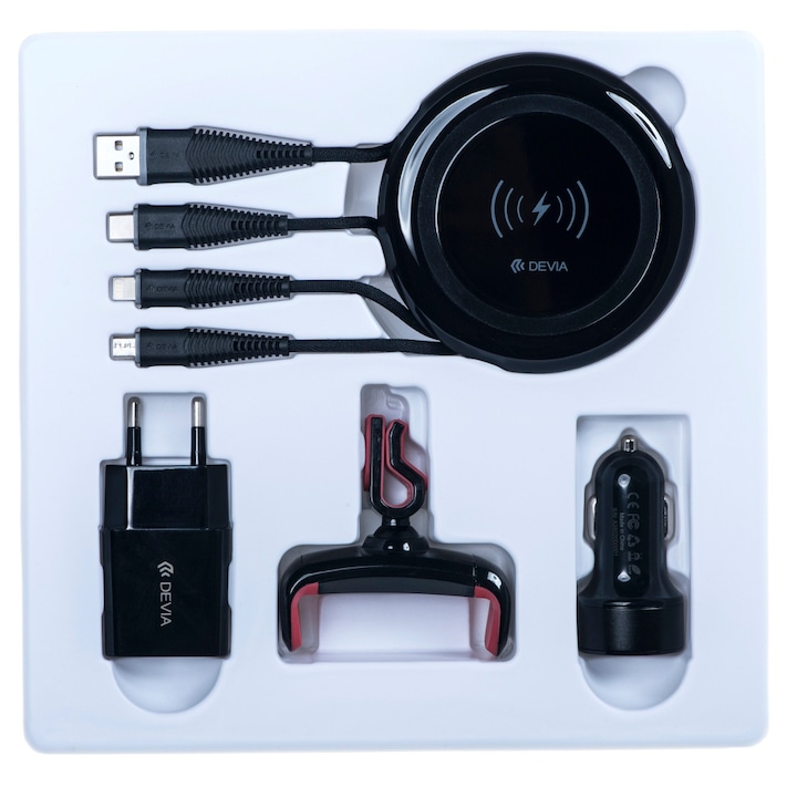Комплект зарядно устройство DEVIA Non-pole Gift Pack, Wireless Charger / 3in1 кабел / стойка за кола / Адаптор за кола / Адаптор за контакт, Черен