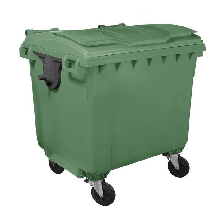 Container Profesional IdealStore, Dotat cu capac, 4 roti pivotante, Plastic de Inalta densitate 1100 L, Conform cu Standardele EN 840 -2, -5, -6, Verde
