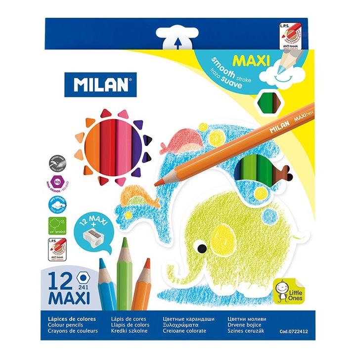 Комплект моливи Milan 12 цв., MAXI+острилка, шестоъг.241, Ø 5 мм графит