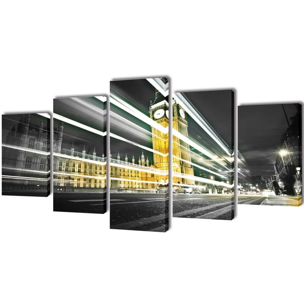 Set de 5 tablouri pe panza, imprimeu Londra Big Ben, vidaXL, Tesatura, 100 x 50 cm, Multicolor