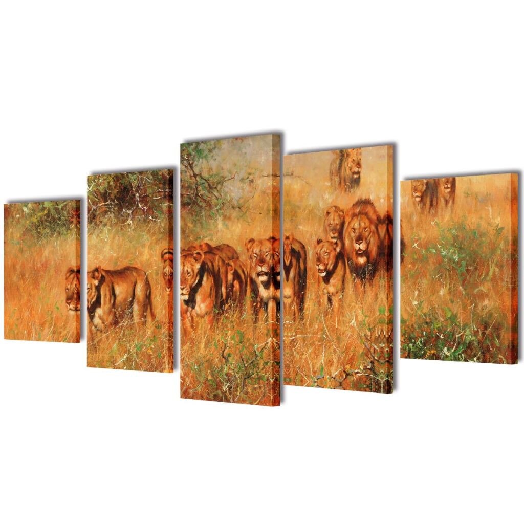 Set de 5 tablouri pe panza, imprimeu cu lei, vidaXL, Tesatura, 200 x 100 cm, Multicolor