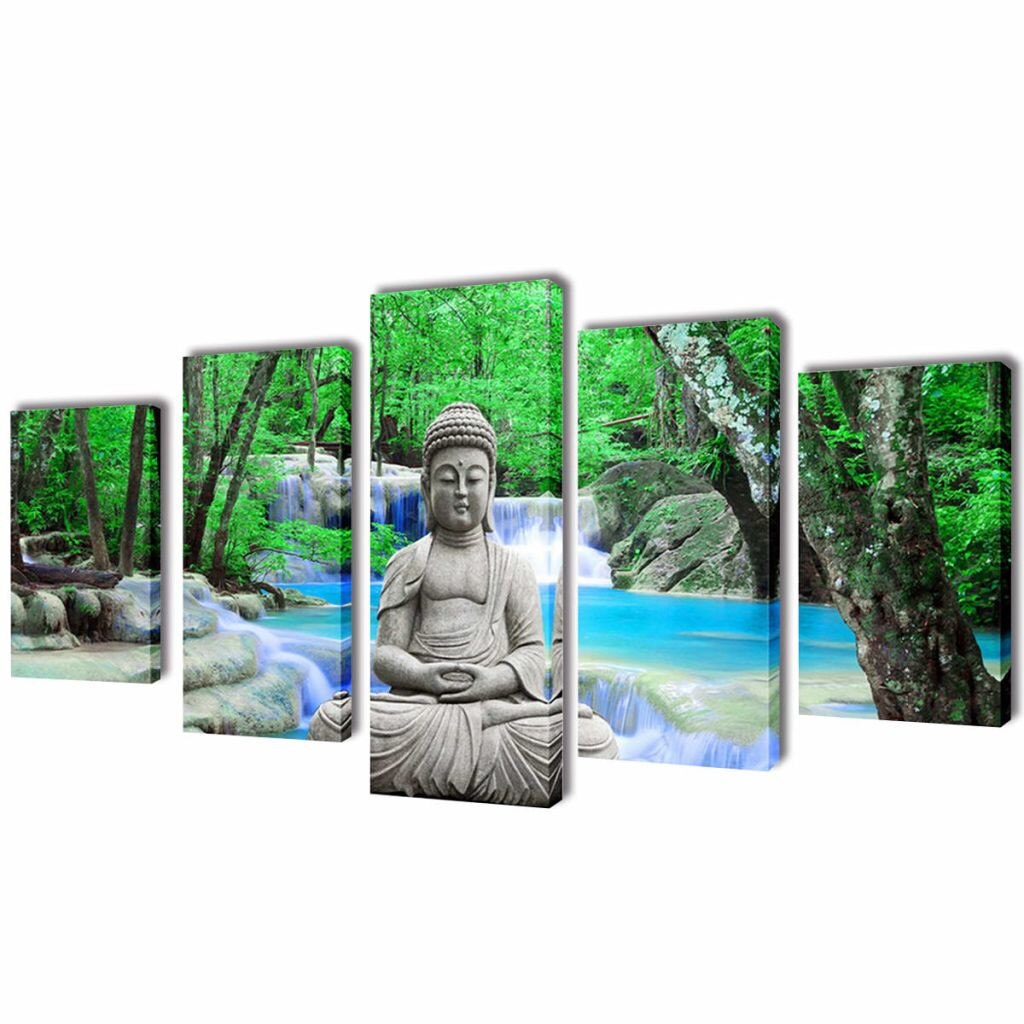 Set de 5 tablouri pe panza, imprimeu cu Buddha, vidaXL, Tesatura, 100 x 50 cm, Multicolor