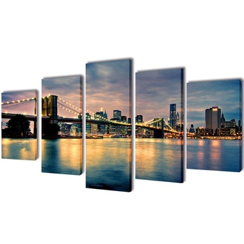 Set de 5 tablouri pe panza, imprimeu Podul Brooklyn vedere la rau, vidaXL, Tesatura, 100 x 50 cm, Multicolor Set de 5 tablouri pe panza, imprimeu Podul Brooklyn vedere la rau, vidaXL, Tesatura, 100 x 50 cm, Multicolor