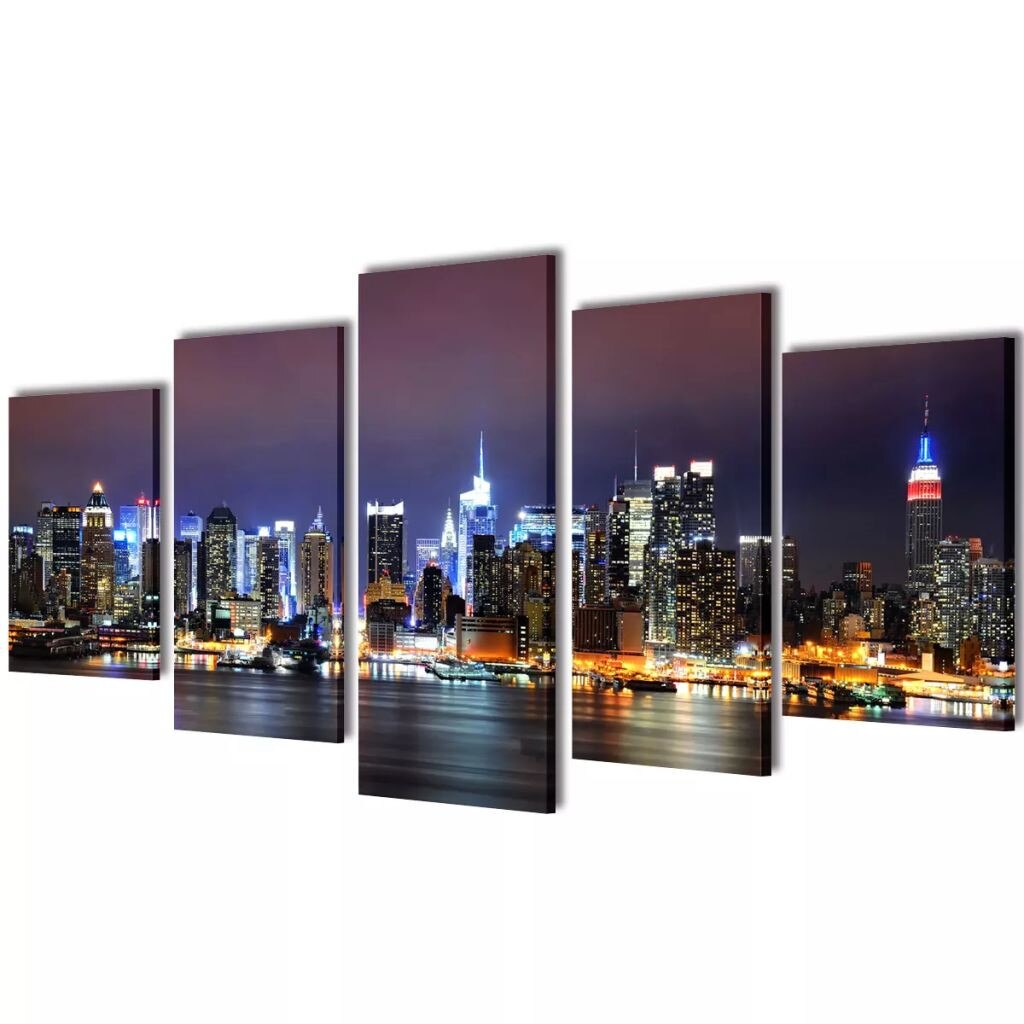 Set de 5 tablouri pe panza, peisaj de noapte New York, vidaXL, Tesatura, 200 x 100 cm, Multicolor