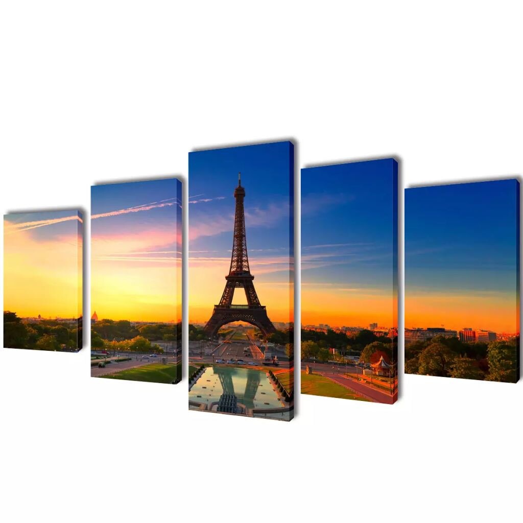 Set de 5 tablouri pe panza, imprimeu Turnul Eiffel, vidaXL, Tesatura, 100 x 50 cm, Multicolor