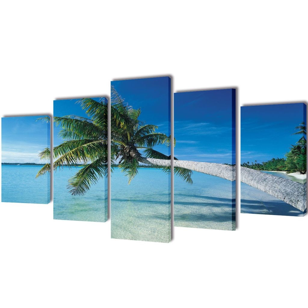 Set de 5 tablouri pe panza, imprimeu plaja si palmieri, vidaXL, Tesatura, 200 x 100 cm, Multicolor