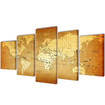 Set de 5 tablouri pe panza, imprimeu cu harta lumii, vidaXL, Tesatura, 200 x 100 cm, Multicolor Set de 5 tablouri pe panza, imprimeu cu harta lumii, vidaXL, Tesatura, 200 x 100 cm, Multicolor