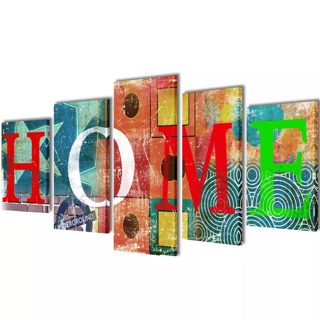 Set de 5 tablouri pe panza, imprimeu colorat HOME, vidaXL, Tesatura, 200 x 100 cm, Multicolor