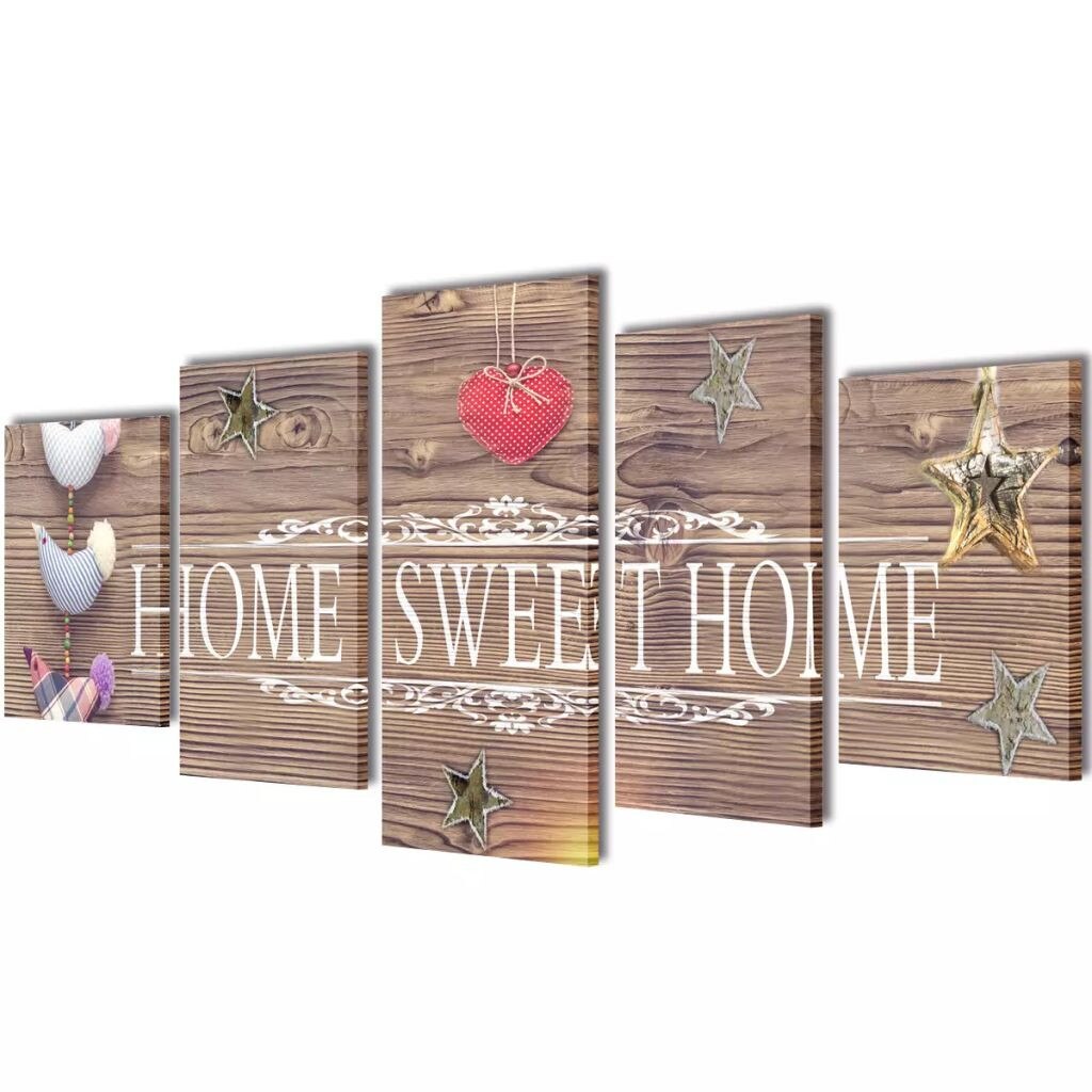 Set de 5 tablouri pe panza, imprimeu home sweet home, vidaXL, Tesatura, 100 x 50 cm, Multicolor