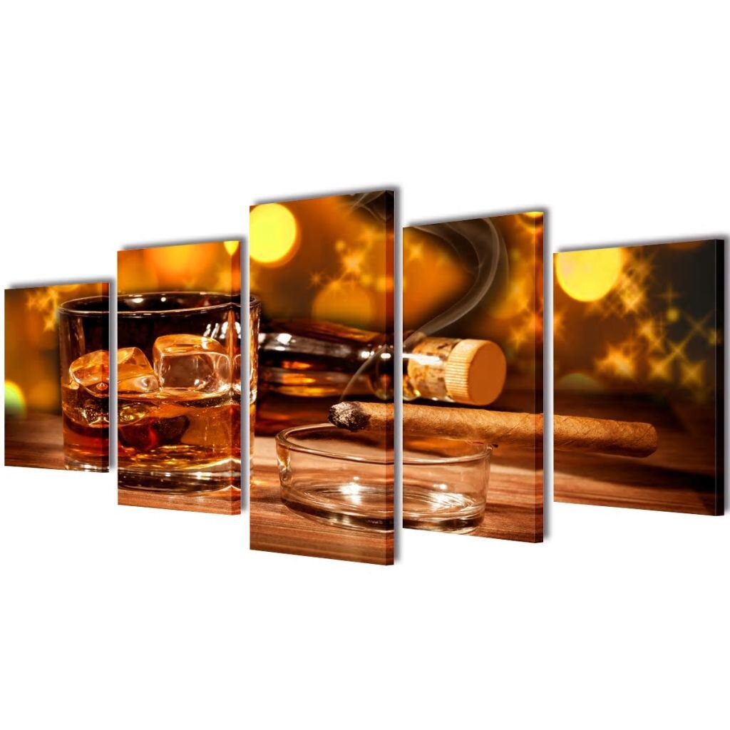 Set de 5 tablouri pe panza, imprimeu pahar whiskey si trabuc, vidaXL, Tesatura, 100 x 50 cm, Multicolor