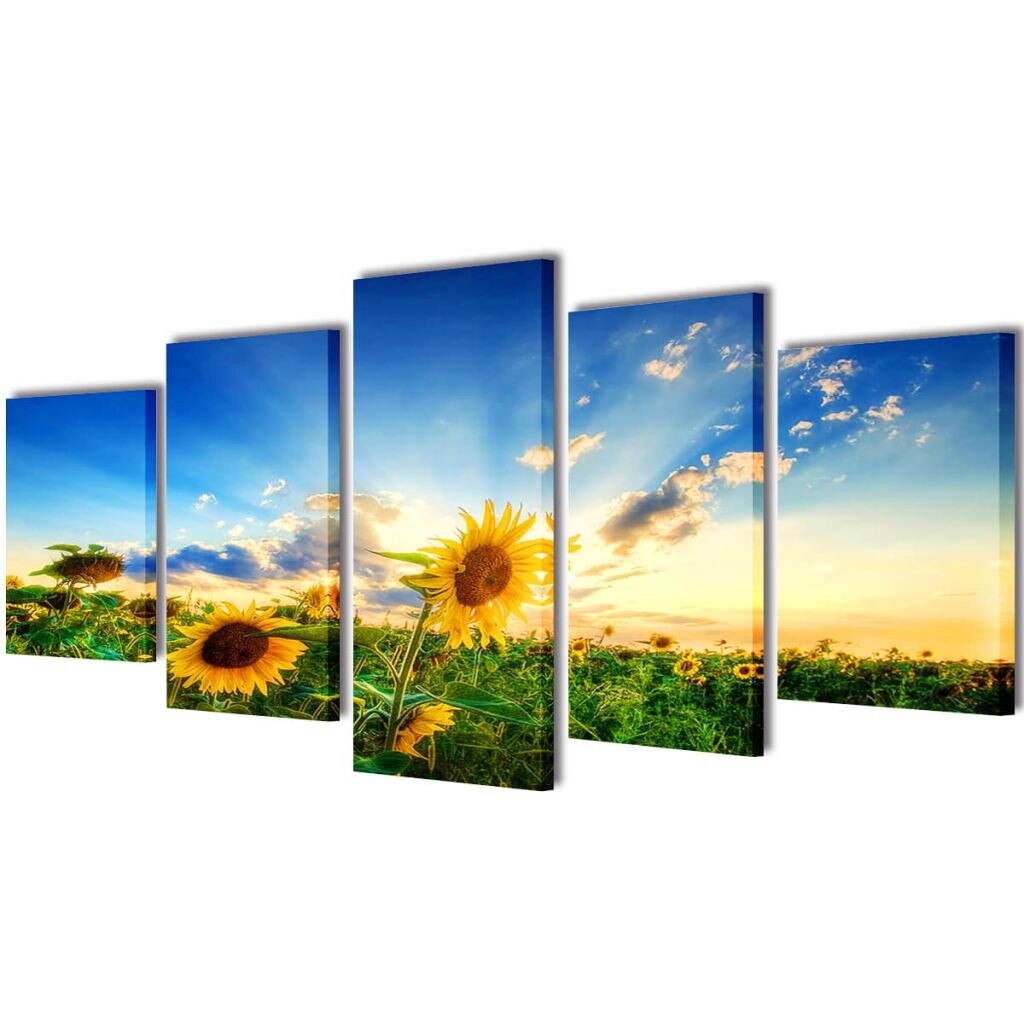 Set de 5 tablouri pe panza, imprimeu cu floarea soarelui, vidaXL, Tesatura, 200 x 100 cm, Multicolor