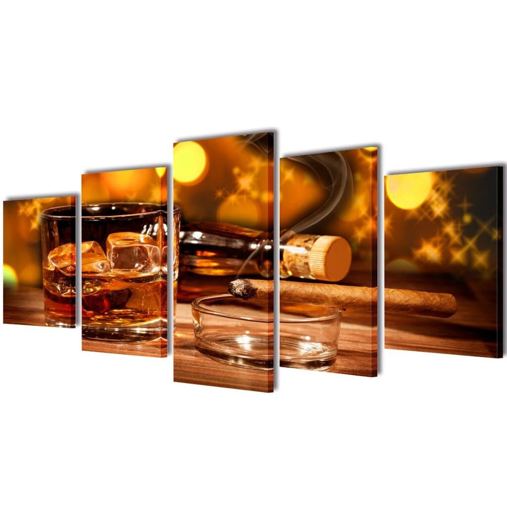 Set de 5 tablouri pe panza, imprimeu pahar whiskey si trabuc, vidaXL, Tesatura, 200 x 100 cm, Multicolor