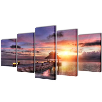 Set de 5 tablouri pe panza, imprimeu casuta pe ponton, vidaXL, Tesatura, 200 x 100 cm, Multicolor Set de 5 tablouri pe panza, imprimeu casuta pe ponton, vidaXL, Tesatura, 200 x 100 cm, Multicolor