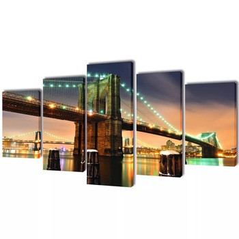 Set de 5 tablouri pe panza, imprimeu Podul Brooklyn, vidaXL, Tesatura, 100 x 50 cm, Multicolor Set de 5 tablouri pe panza, imprimeu Podul Brooklyn, vidaXL, Tesatura, 100 x 50 cm, Multicolor