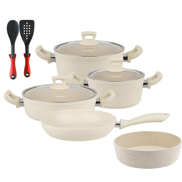 Set 10 piese Hascevher Germanitium 2 oale 3l si 4,9l cu capac,cratita 3,9l cu capac si tigaie 22cm cu tava cuptor rotunda 30cm granit-crem ,lingura servire cu spatula bucatarie