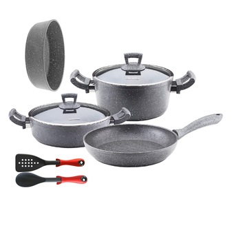 Set 8 piese Hascevher Germanitium oala 3l cu capac,cratita 3,9l cu capac , tigaie 22cm si tava copt 30cm granit-gri ,lingura servire cu spatula bucatarie Set 8 piese Hascevher Germanitium oala 3l cu capac,cratita 3,9l cu capac , tigaie 22cm si tava copt 30cm granit-gri ,lingura servire cu spatula bucatarie