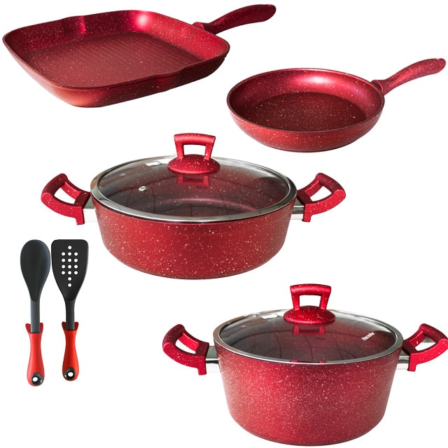 Set 8 piese Hascevher Germanitium oala 3l cu capac,cratita 3,9l cu capac si 2 tigai 22cm si tigaie grill 28cm granit-red ,lingura servire cu spatula bucatarie