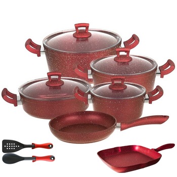 Set 12 piese Hascevher Germanitium 3 oale 3l,4l si 4,9l cu capac,cratita 3,9l cu capac, tigaie 22cm si tigaie grill 28cm granit-red ,lingura servire cu spatula bucatarie Set 12 piese Hascevher Germanitium 3 oale 3l,4l si 4,9l cu capac,cratita 3,9l cu capac, tigaie 22cm si tigaie grill 28cm granit-red ,lingura servire cu spatula bucatarie