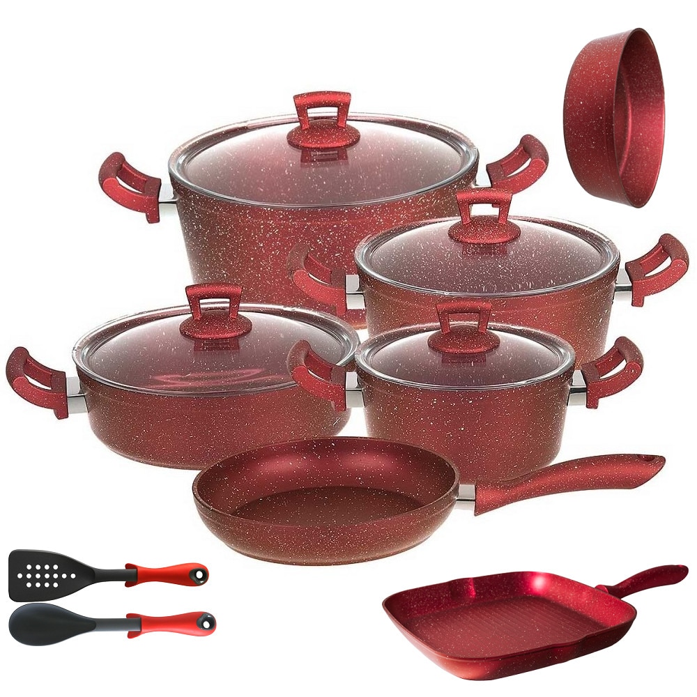 Set 13 piese Hascevher Germanitium 3 oale 3l,4l si 4,9l cu capac,cratita 3,9l cu capac, tigaie 22cm cu tigaie grill 28cm si tava cuptor rotunda 30cm granit-red ,lingura servire cu spatula bucatarie