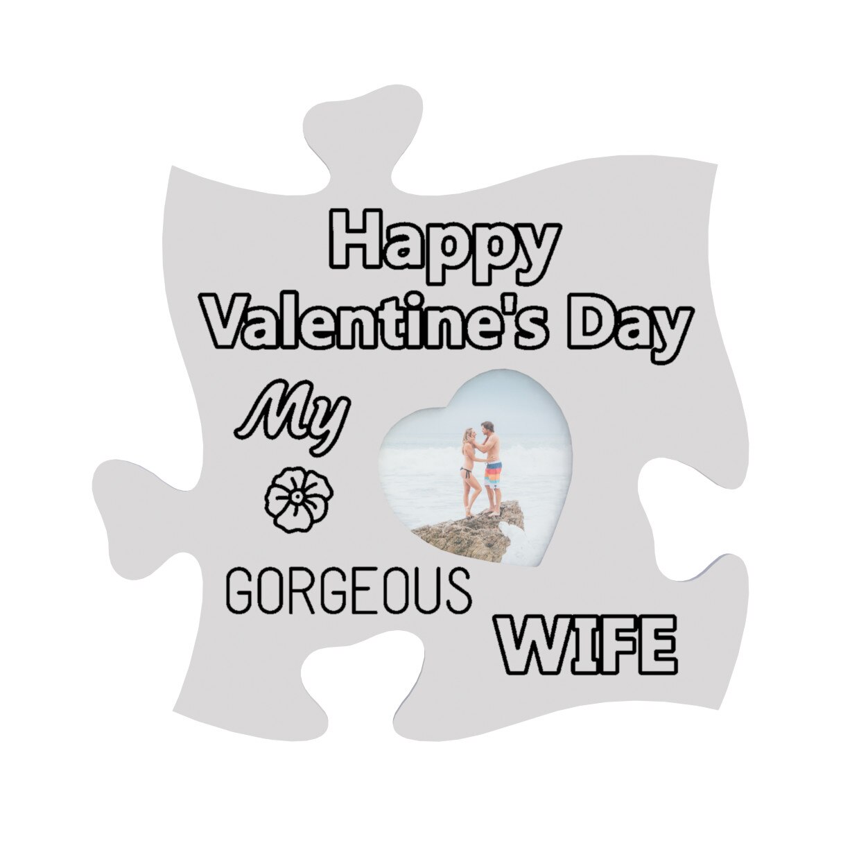 Rama foto tip puzzle, personalizata, Happy Valentine's day My gorgeous Wife, inima mica, foto 10x10, alb