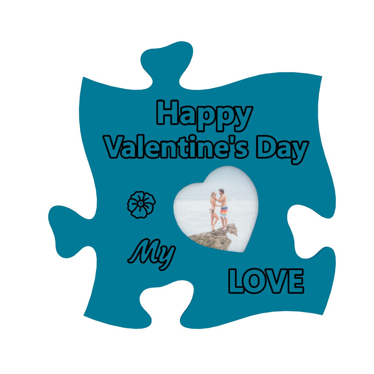 Rama foto tip puzzle, personalizata, Happy Valentine's day My LOVE, inima mica, foto 10x10, turcoaz