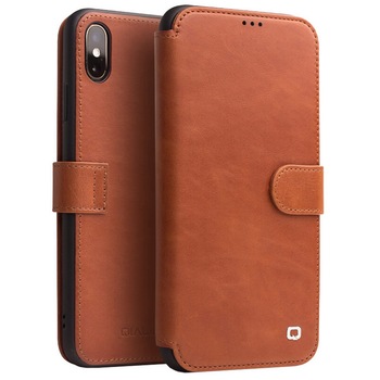 Husa iPhone X / XS, Qialino, piele naturala tip portofel, inchidere magnetica, protectie 360, culoare Maro tabac Husa iPhone X / XS, Qialino, piele naturala tip portofel, inchidere magnetica, protectie 360, culoare Maro tabac