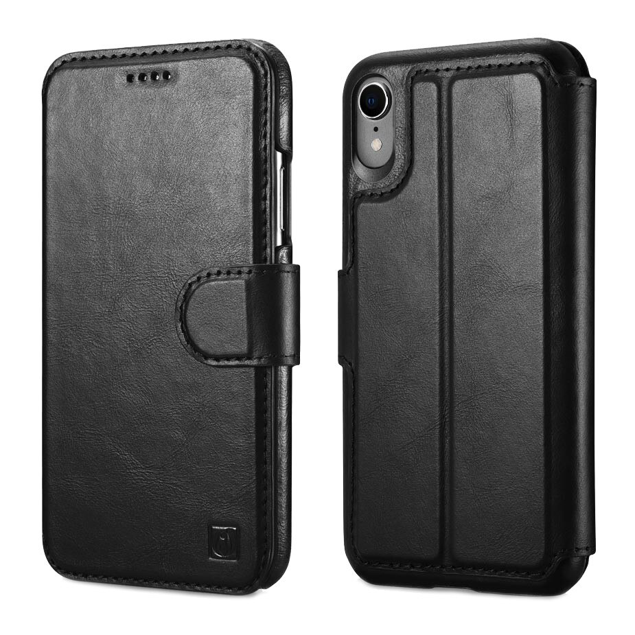 Husa iPhone XR, iCarer, piele naturala 2 in 1, inchidere magnetica, tip carte + back cover, culoare Negru