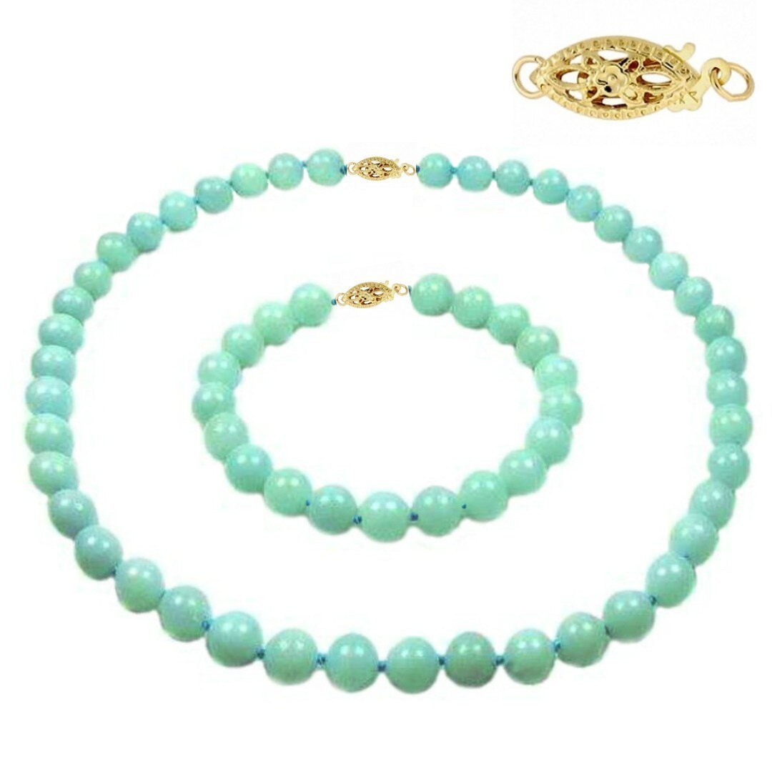 Set Amazonit de 8 mm cu Inchizatori Filigranate din Aur