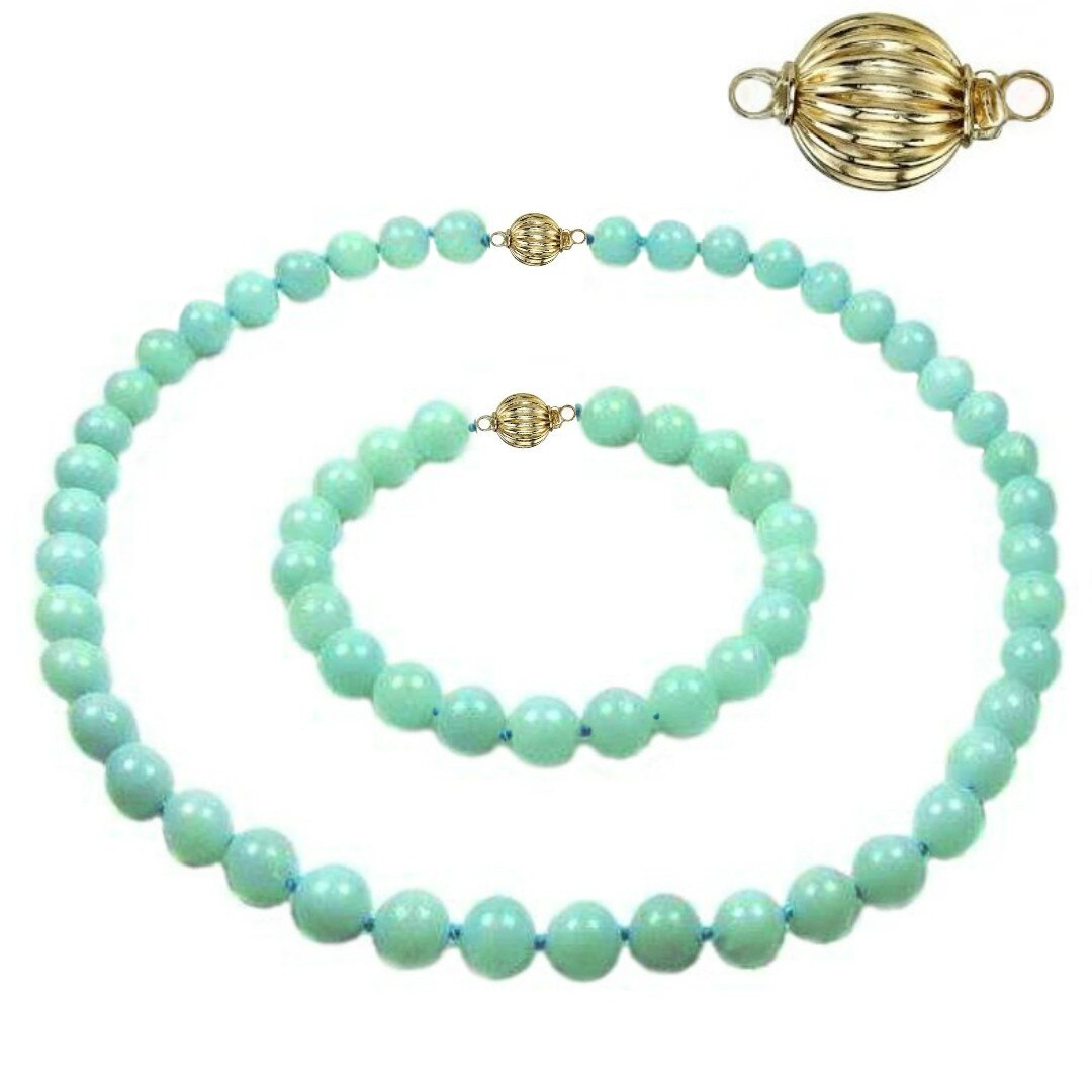 Set Amazonit de 8 mm cu Inchizatori Sferice din Aur
