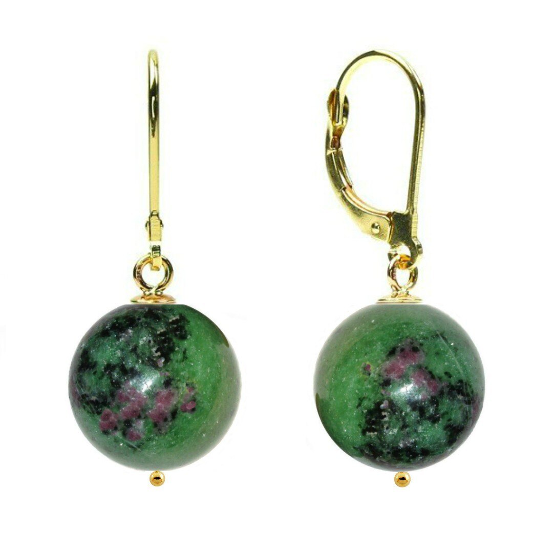 Cercei Aur 14 karate si Rubin in Zoisit de 12 mm