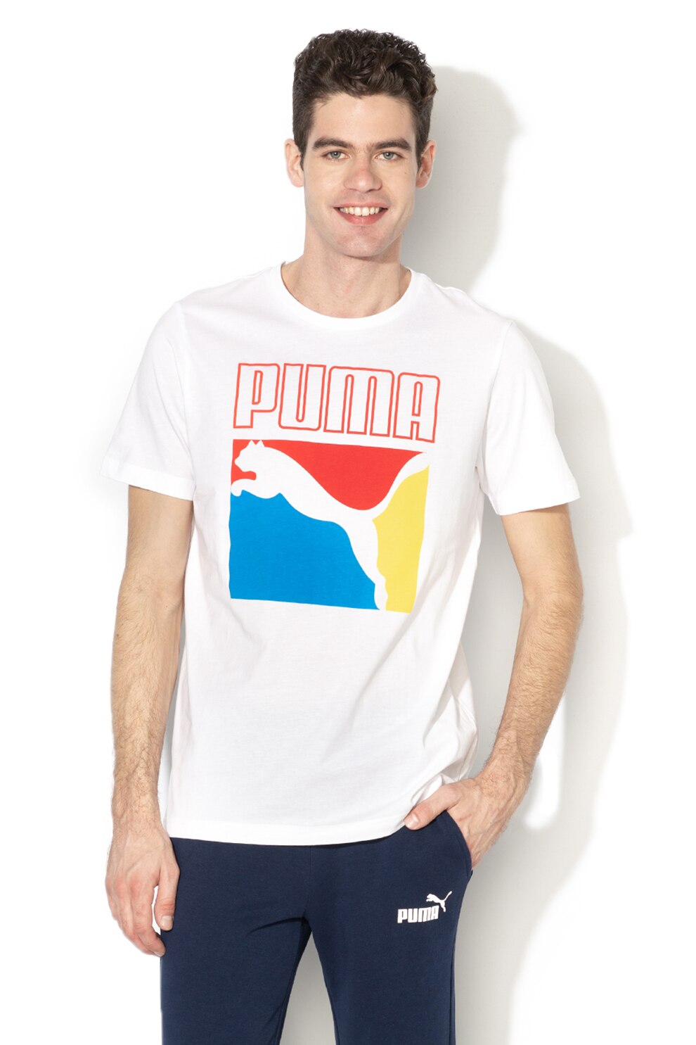 Puma, Tricou cu imprimeu logo Graphic Box, Alb/Rosu/Albastru