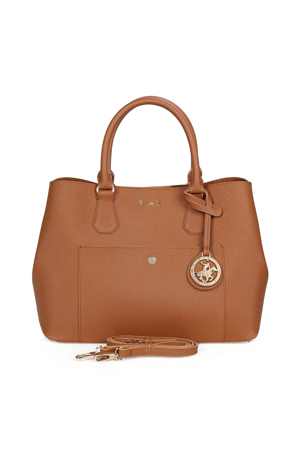 Beverly Hills Polo Club, Geanta de piele ecologica, cu bareta pentru umar, Maro caramel