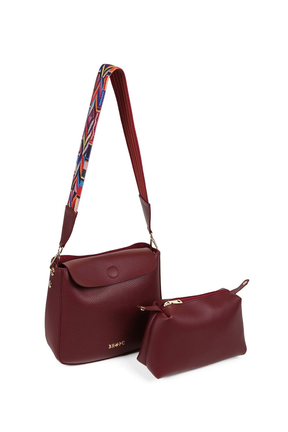 Beverly Hills Polo Club, Geanta de piele ecologica, cu bareta pentru umar si etui interior, Rosu Bordeaux