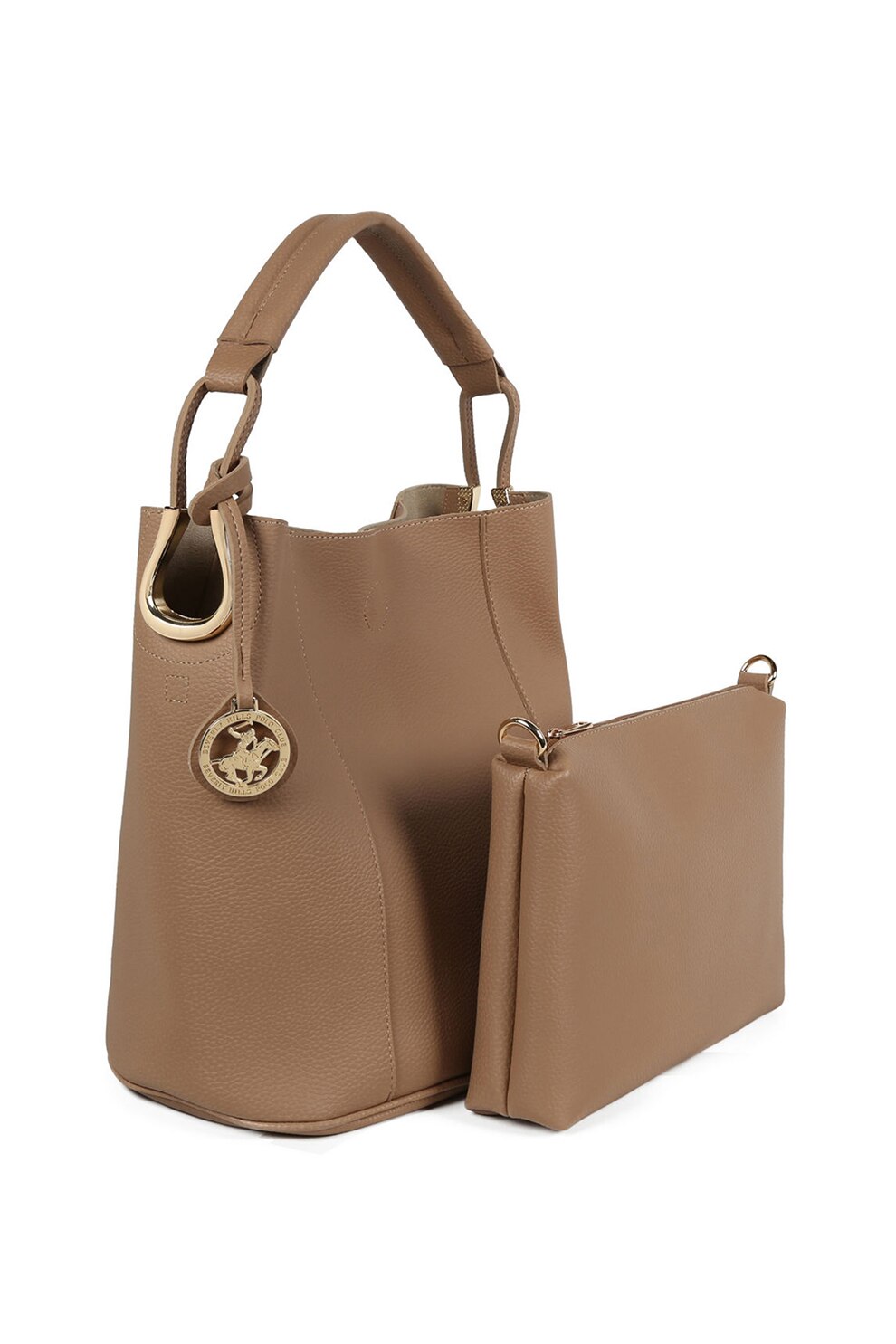 Beverly Hills Polo Club, Geanta hobo de piele ecologica, cu etui interior, Maro camel