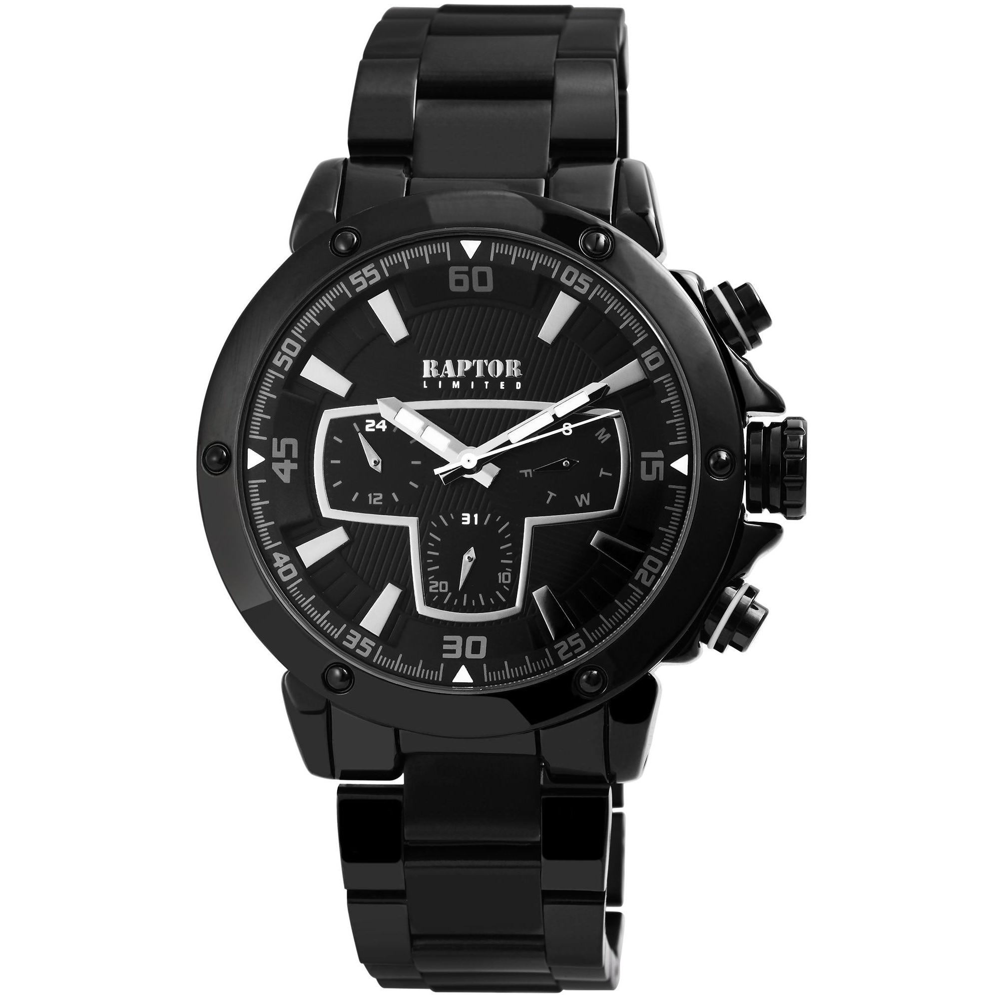 Ceas barbatesc, Raptor, carcasa si bratara neagra, data, zi, 24h, 47mm