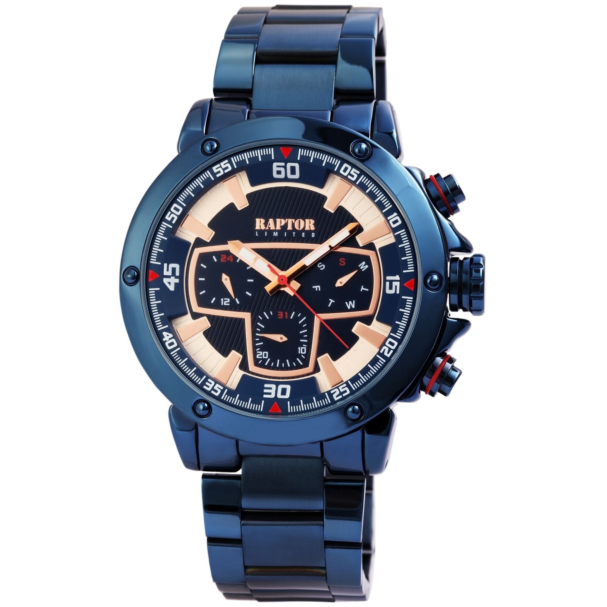 Ceas barbatesc, Raptor, carcasa si bratara albastra, cadran bicolor, data, zi, 24h, 47mm